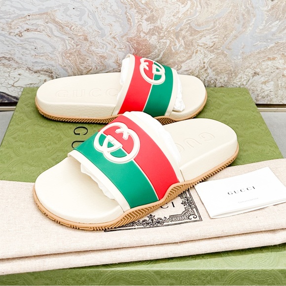 New! Gucci Rubber Web Interlocking G Slide Sandals - Picture 6 of 9
